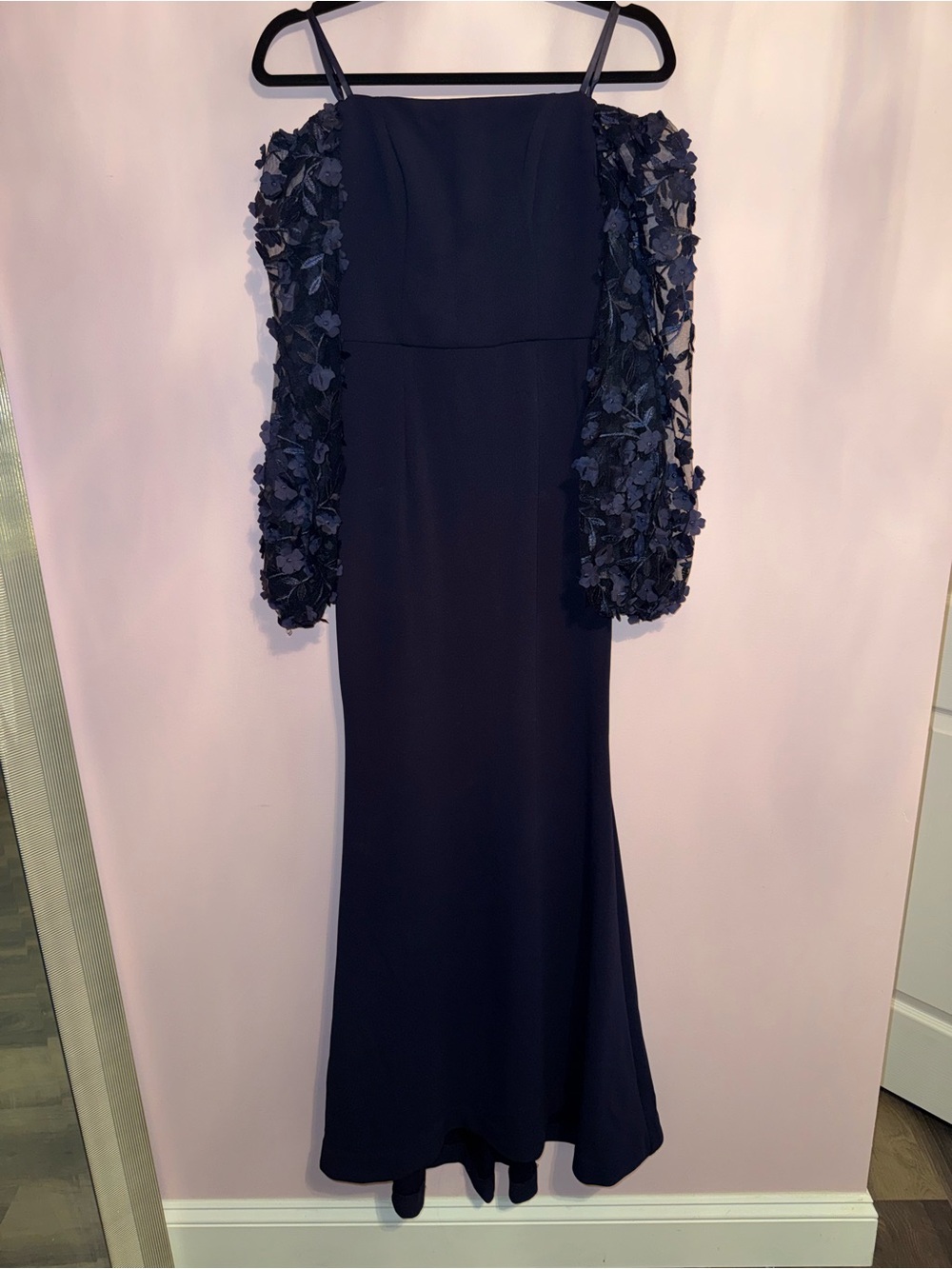 Eliza J Elegant Navy Off-Shoulder Gown with Floral Sleeve Detail